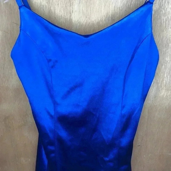 ris Satin Cowl Neck Bodycon Cobalt Blue Ruched Mini Cami Cocktail Dress Size S - Picture 3 of 5